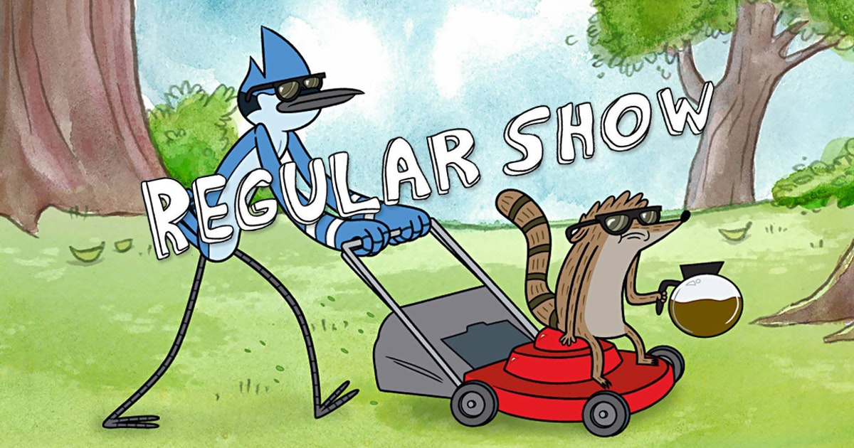 Mordecai and Rigby mowing the lawn